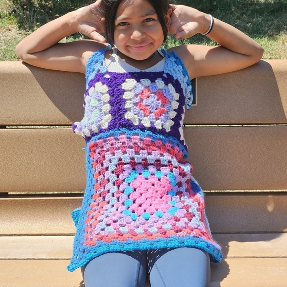 Hand Crafted crochet halter top split dress open back swim coverup multicolored - Picture 7 of 17